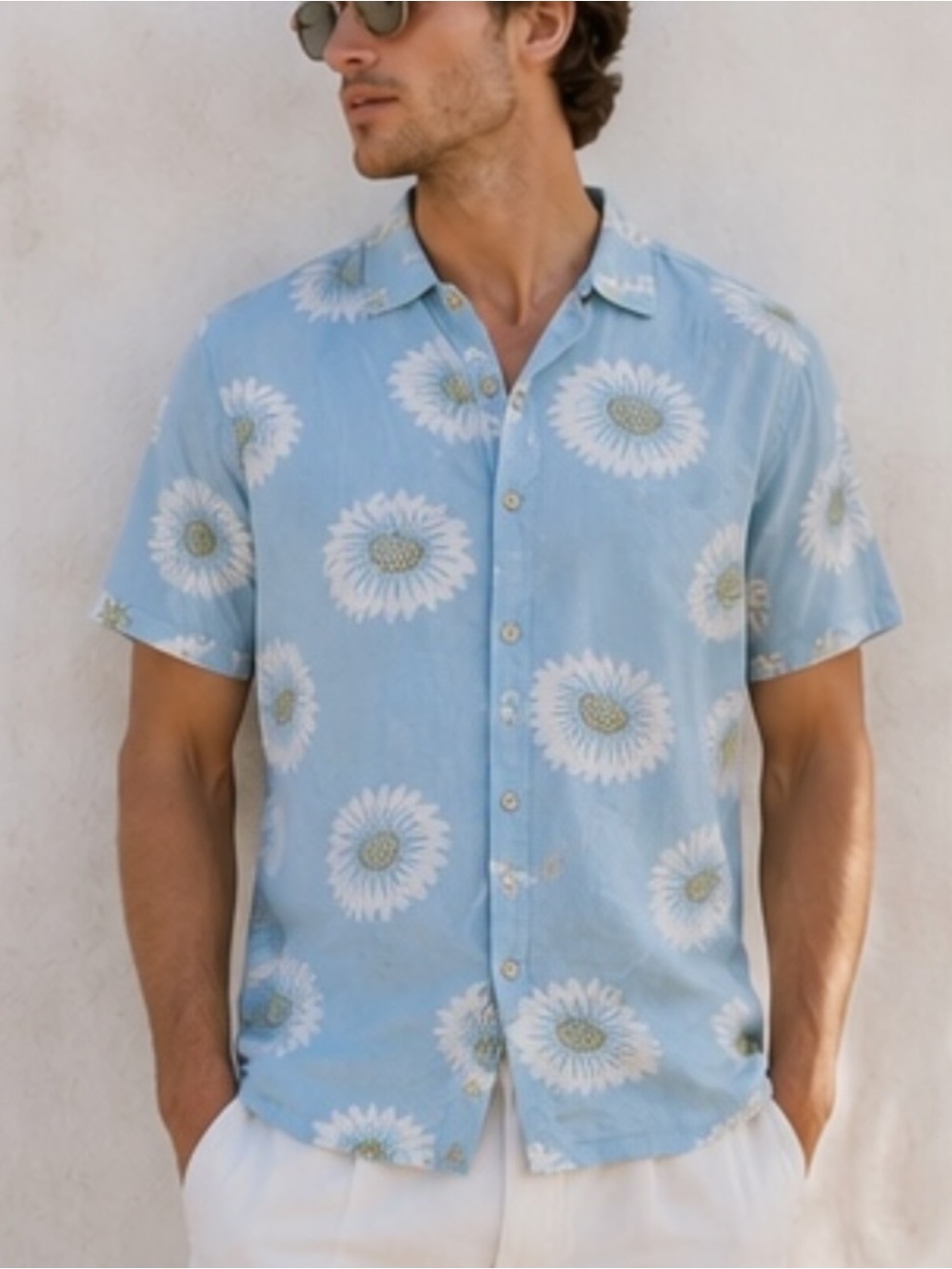 Folk Drake Linen Blend Daisy Floral Camp Collar Button Shirt Short Sleeve Sz L